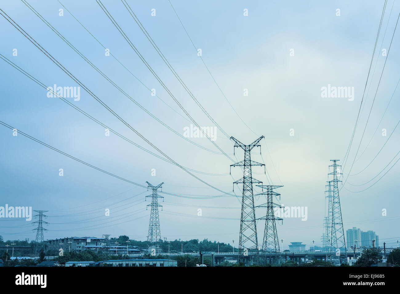 high voltage transmission pylon background Stock Photo