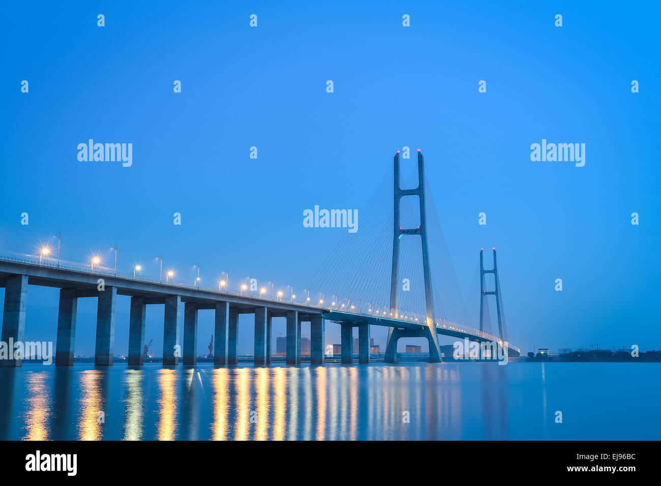 cable stayed bridge at night Stock Photo