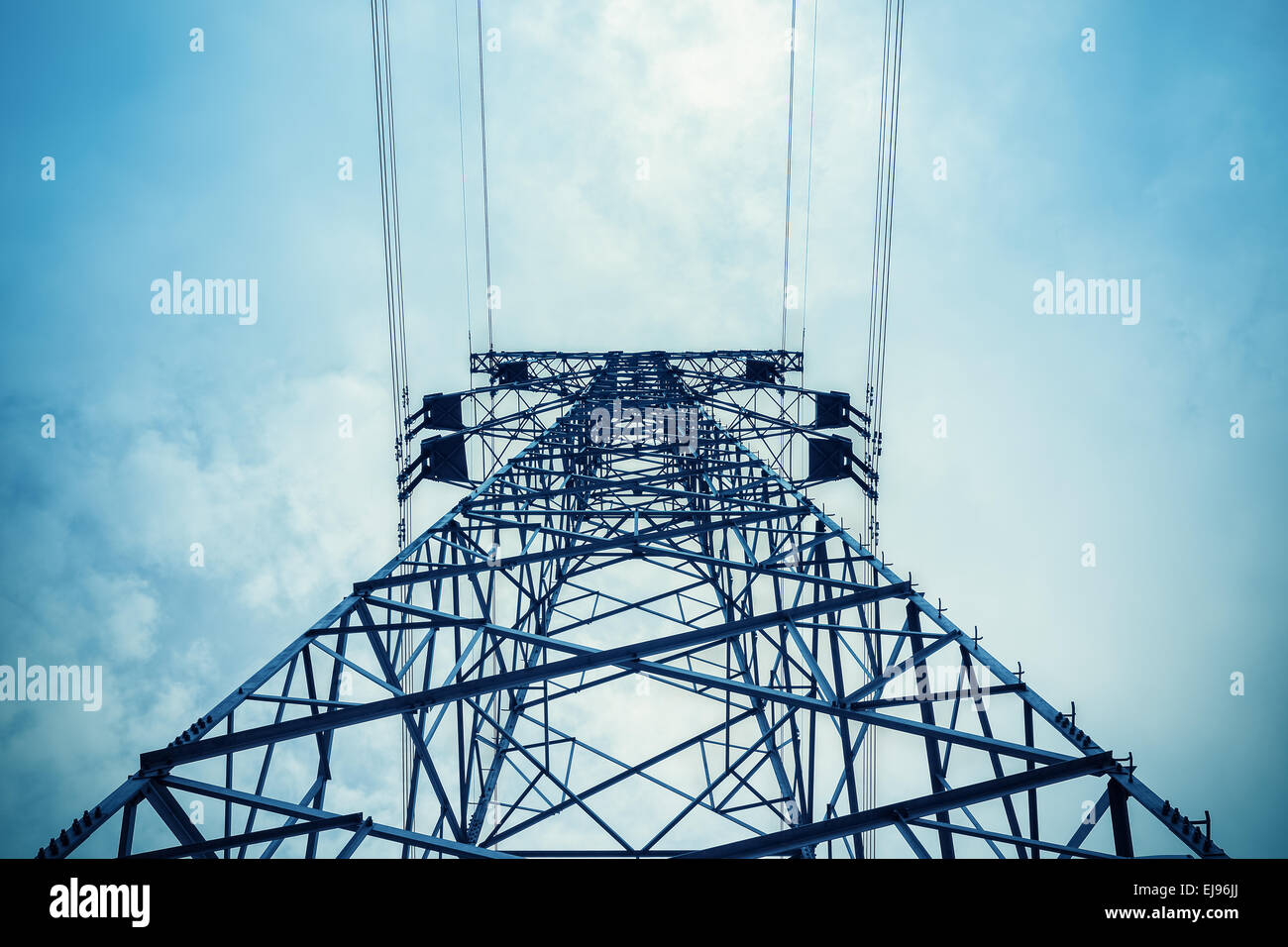 upward view of the power transmission tower Stock Photo