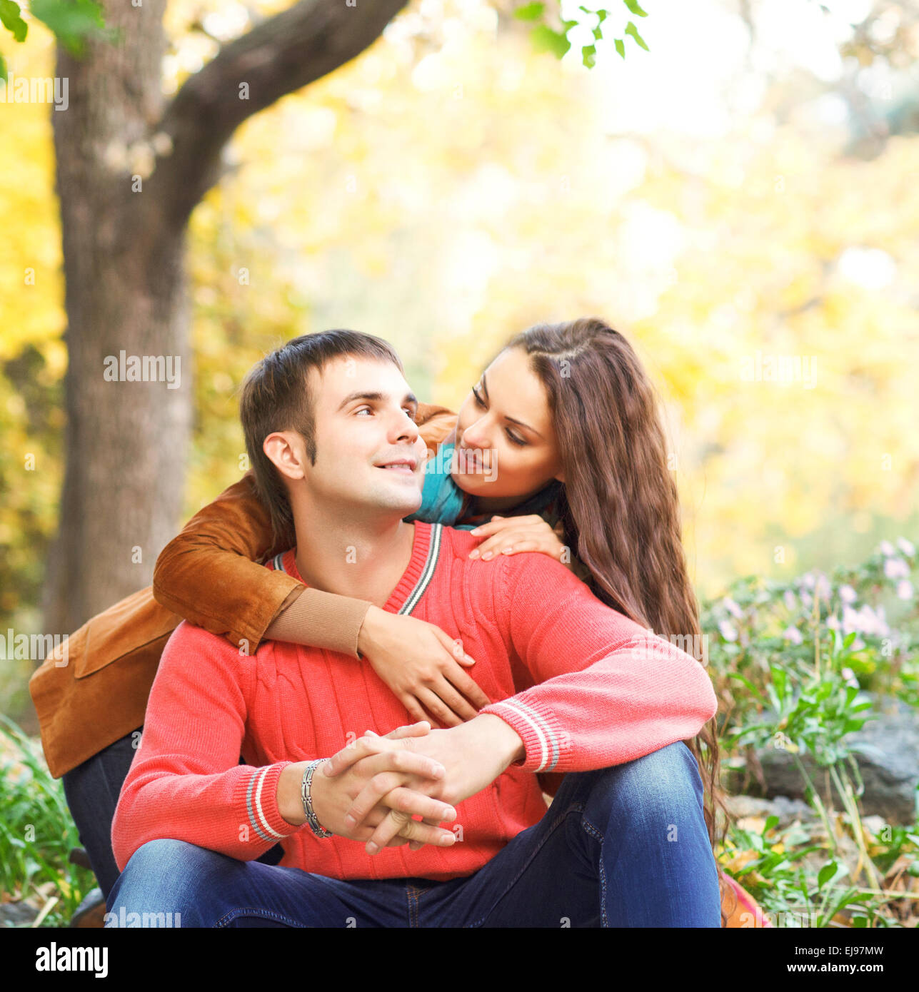 Portrait of couple enjoying golden autumn Stock Photo