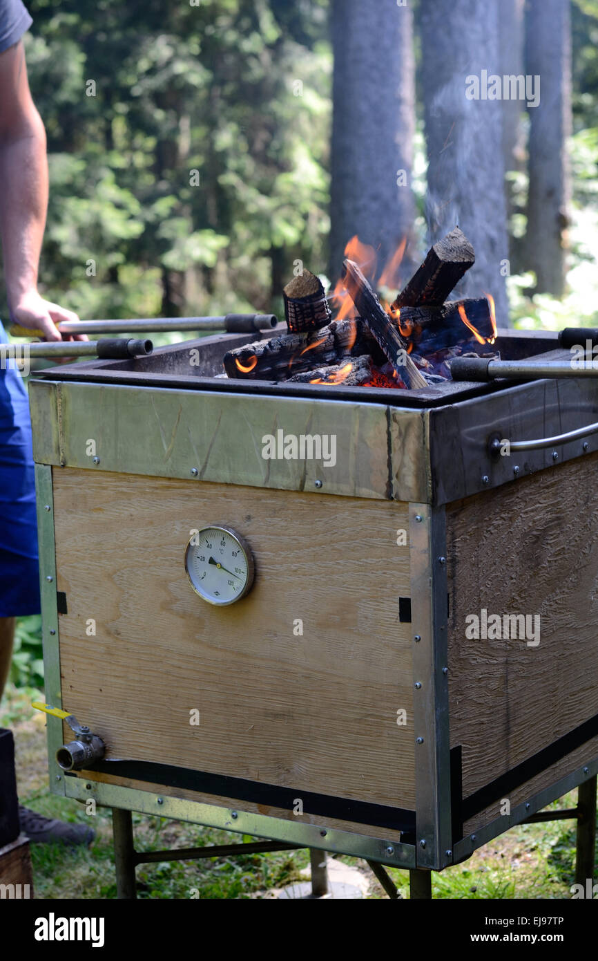 Fire on a special grill Stock Photo