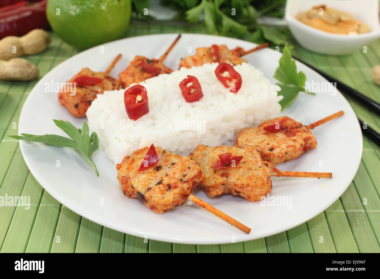 Asian sate skewers with rice Stock Photo