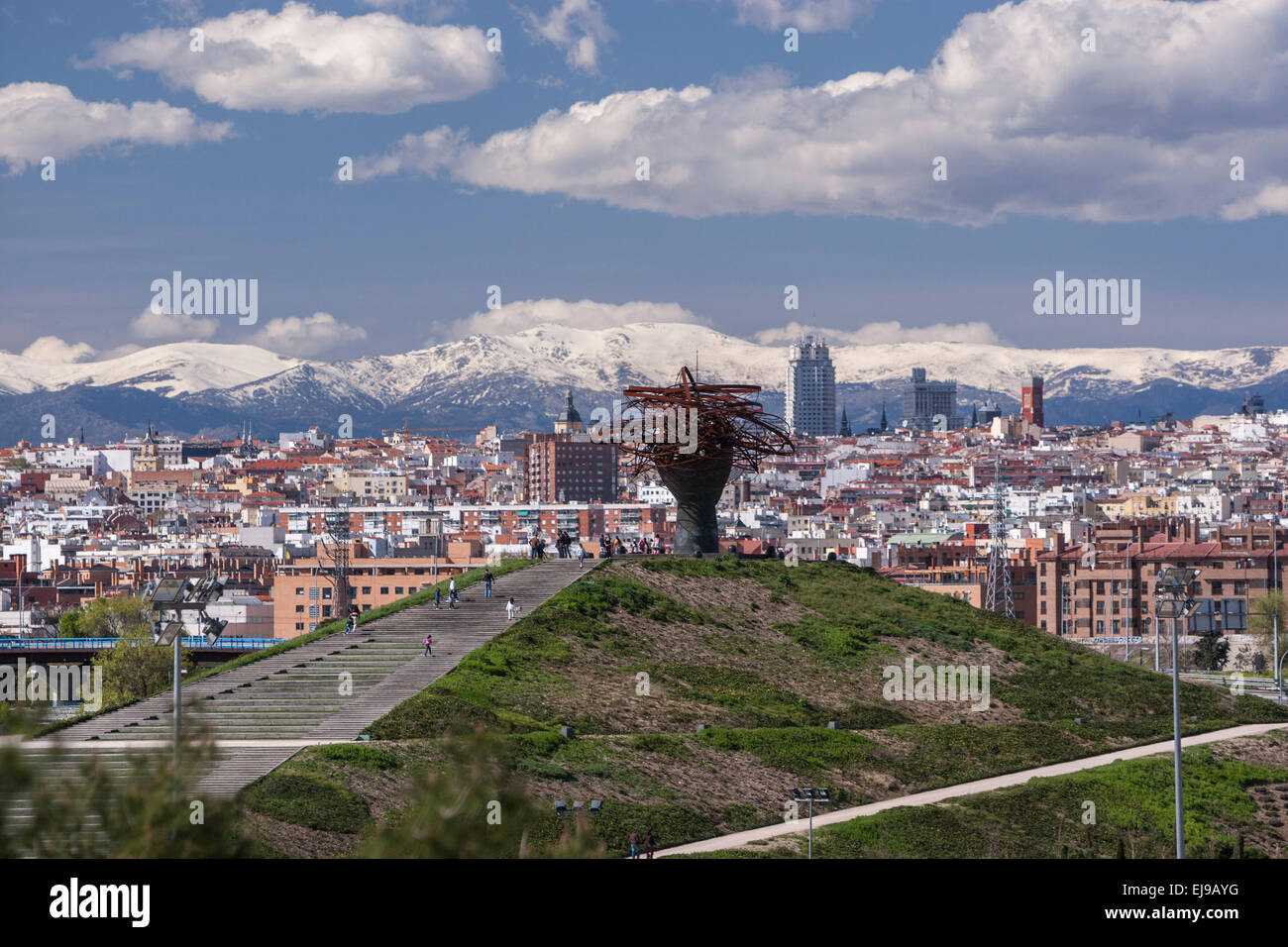 Madrid view from Lineal Manzanares Park with the Dama del Manzanares sculpture, art done by Manolo Valdés. Stock Photo