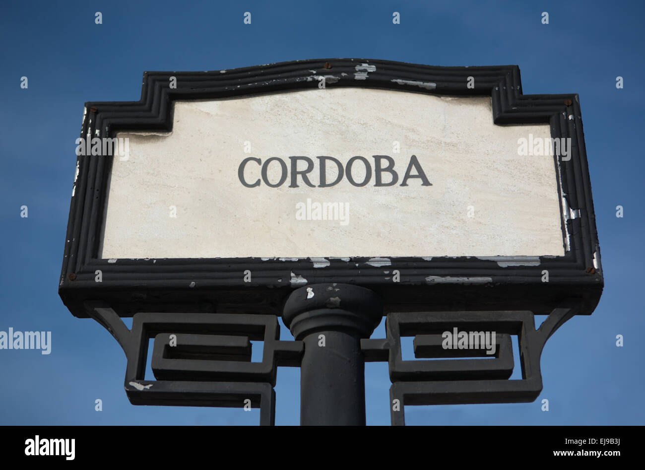 Cordoba street sign over blue sky, Spain Stock Photo