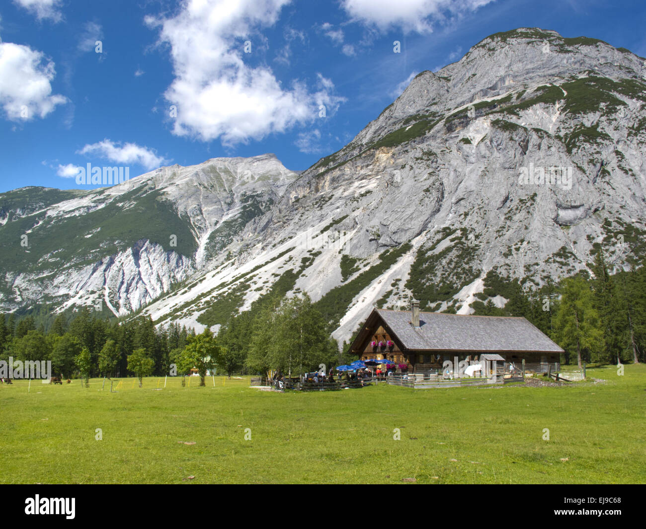 wooden restaurant at alps mountains Stock Photo