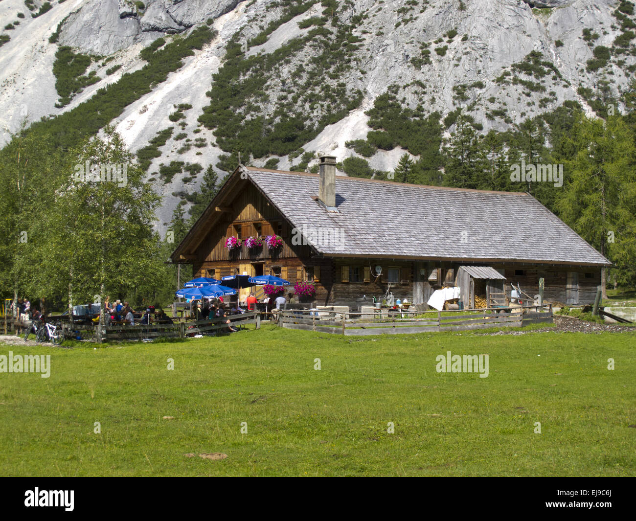 cottage and restaurant in alps mountains Stock Photo