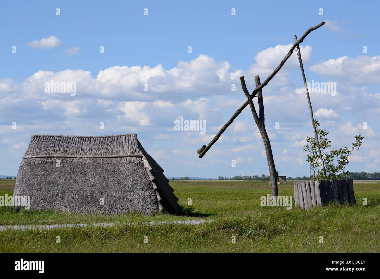 historic reed hut and old wooden water pump Stock Photo