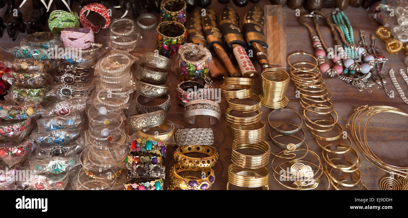 Sample craft jewelery & fancy goods made by the Kayan hill tribe, Myanmar, Burma. Stock Photo