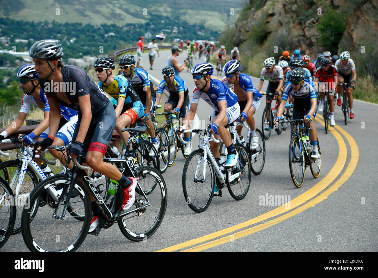 Bicycle riders going up Lookout Mountain, USA Pro Challenge bicycle race, Golden, Colorado USA Stock Photo