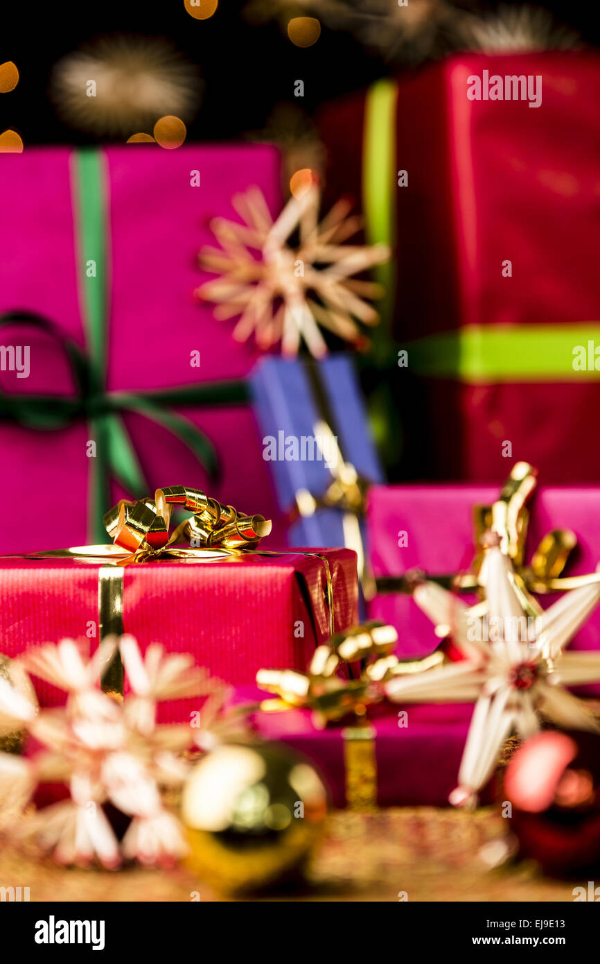 Red Gift Box with Golden Bow Stock Photo