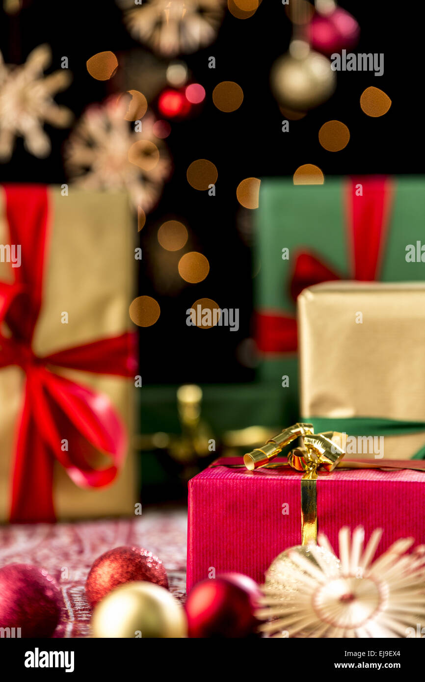 Christmas Gifts, Glitters, Baubles and Stars Stock Photo