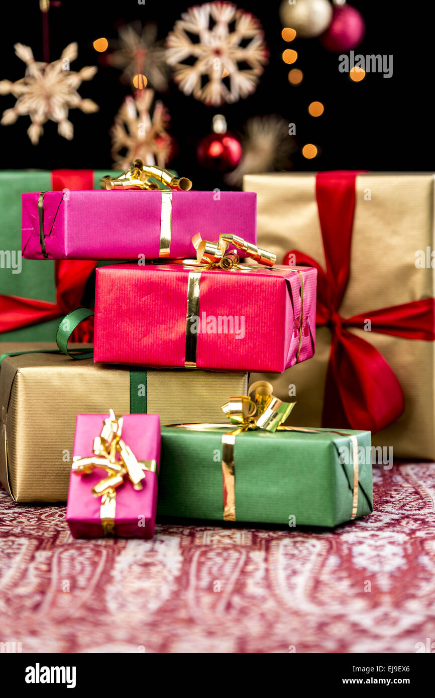 Stack of Plain Colored Xmas Gifts Stock Photo