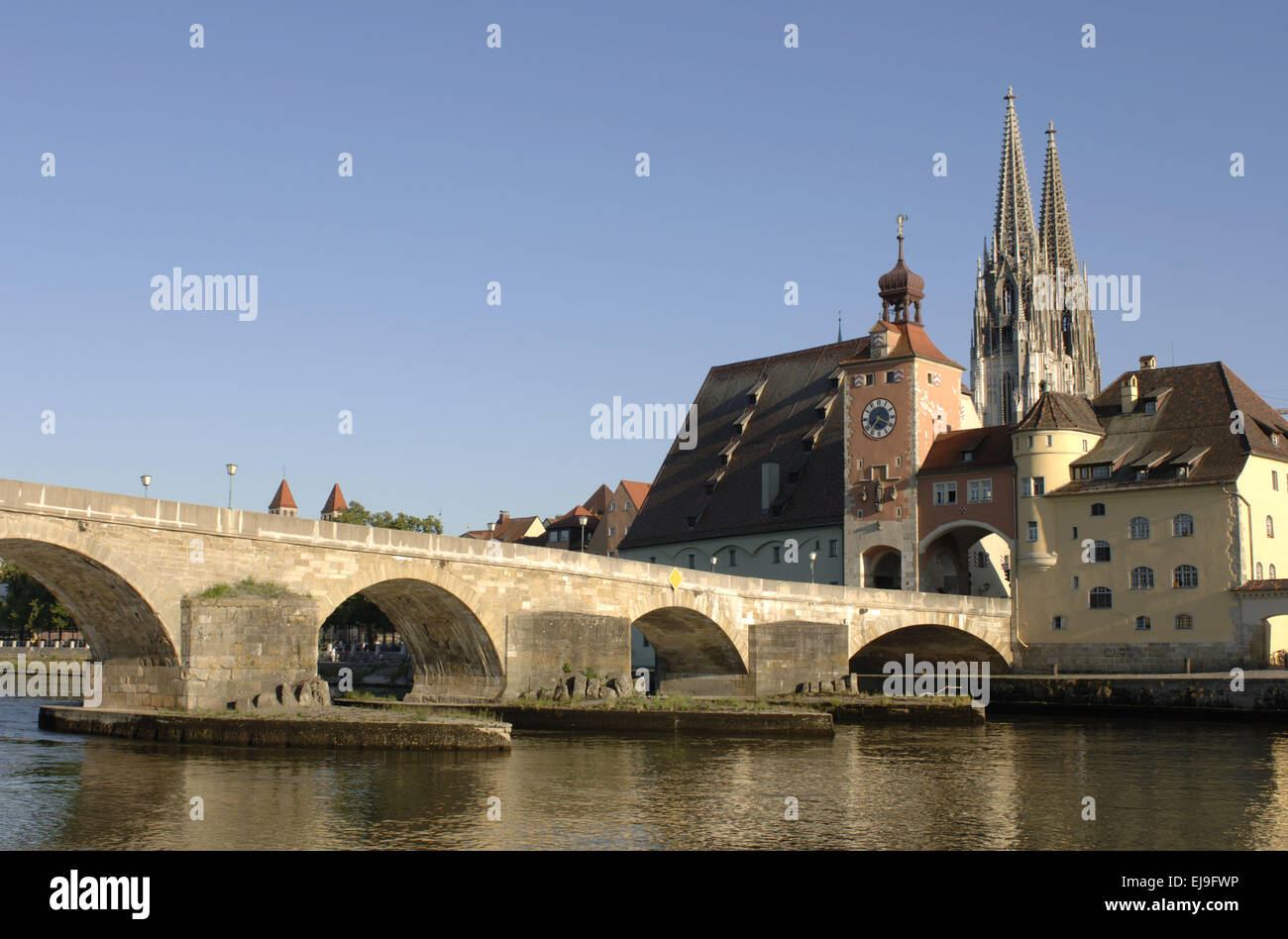 german city Regensburg with old stone bridge Stock Photo