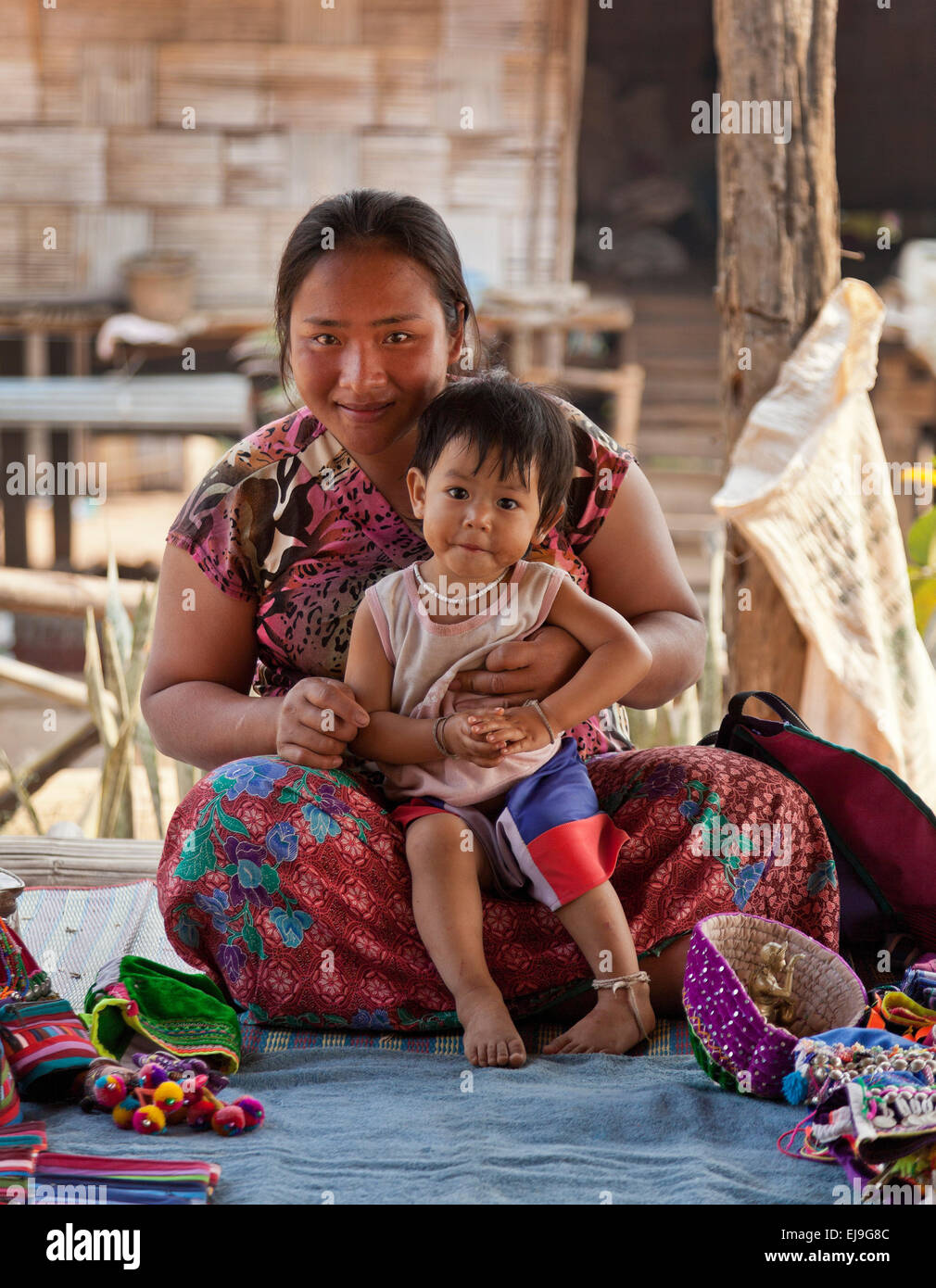 Hill tribe mother with child, North Thailand - Myanmar borders Stock Photo