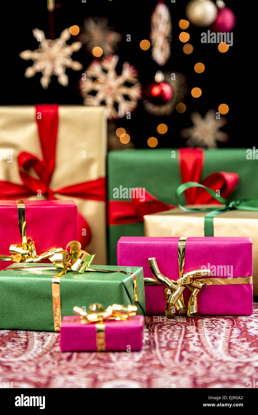 Xmas Presents with Single-Colored Ribbons Stock Photo