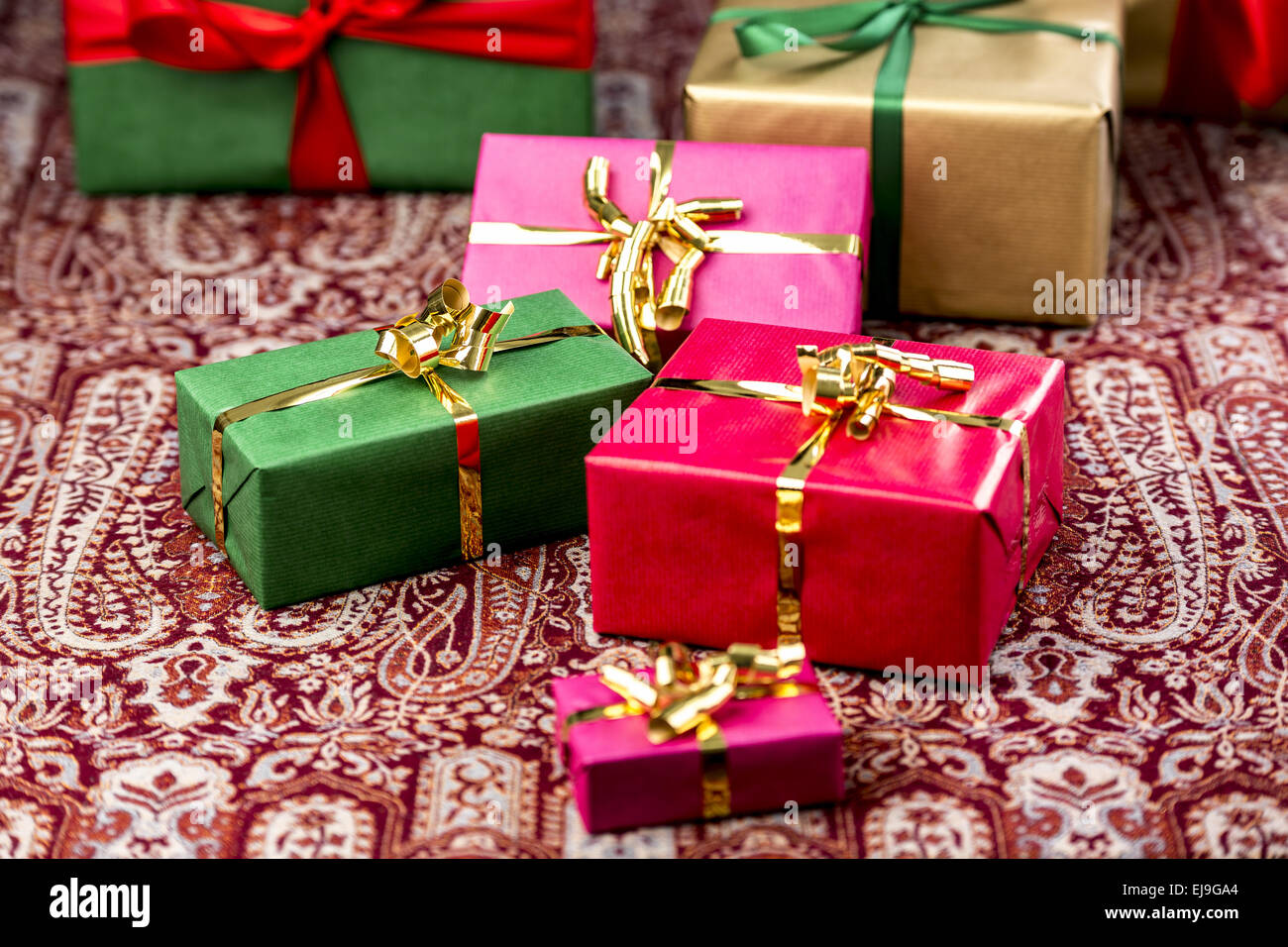 Gifts in Red, Green and Gold Stock Photo