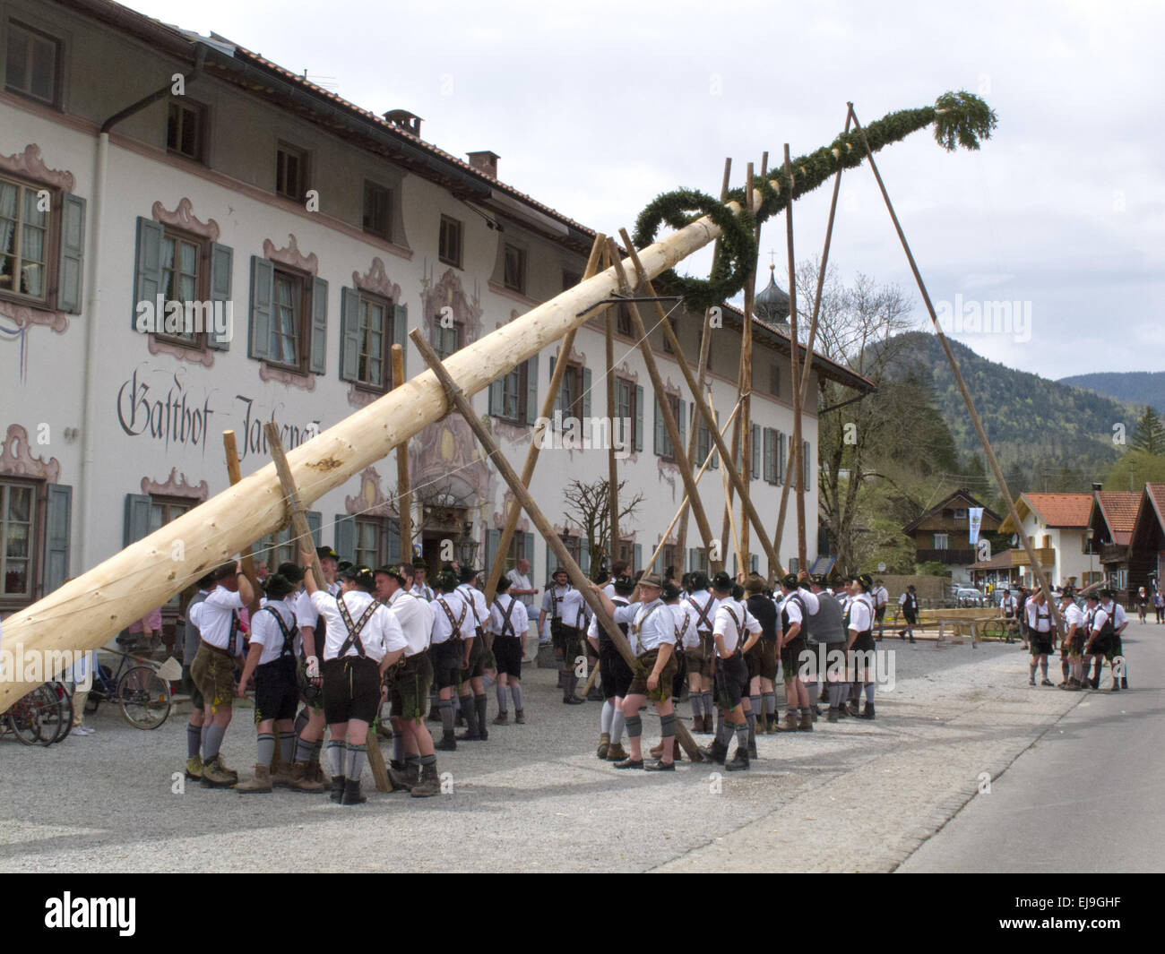 may-pole erecting in Bavaria Stock Photo