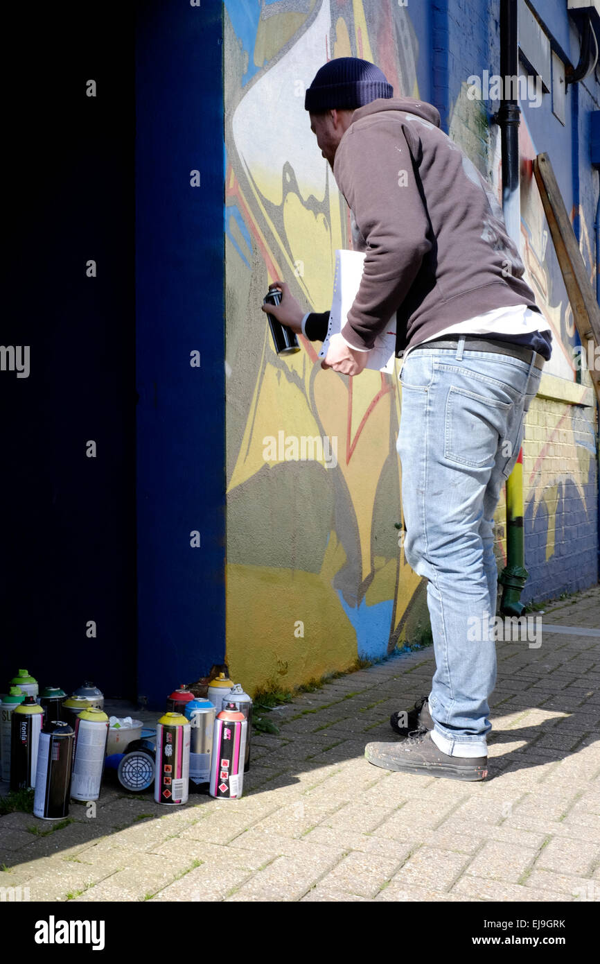 artist creating modern street art graffiti spray painted on a wall ...