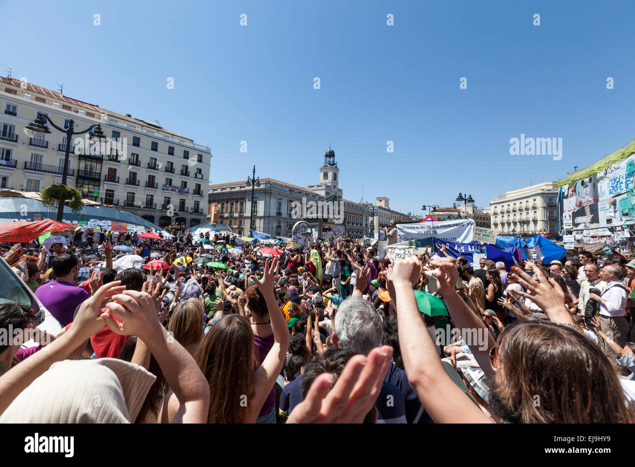 Puerta del Sol, anti-austerity movement in Spain, also referred to as the 15-M Movement,   Movimiento 15-M, the Indignants Movement Stock Photo