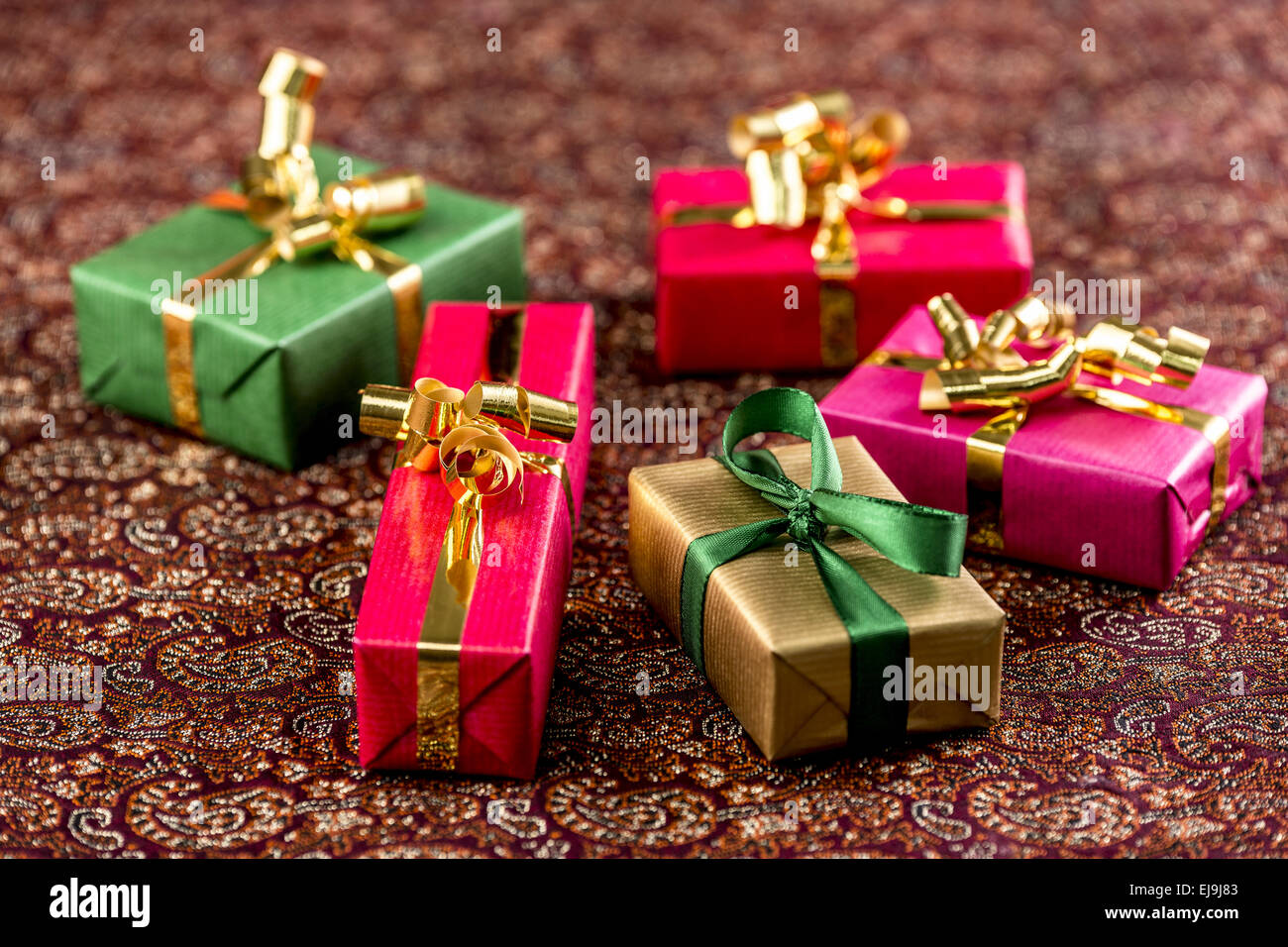 Five Little Presents with Bows Stock Photo