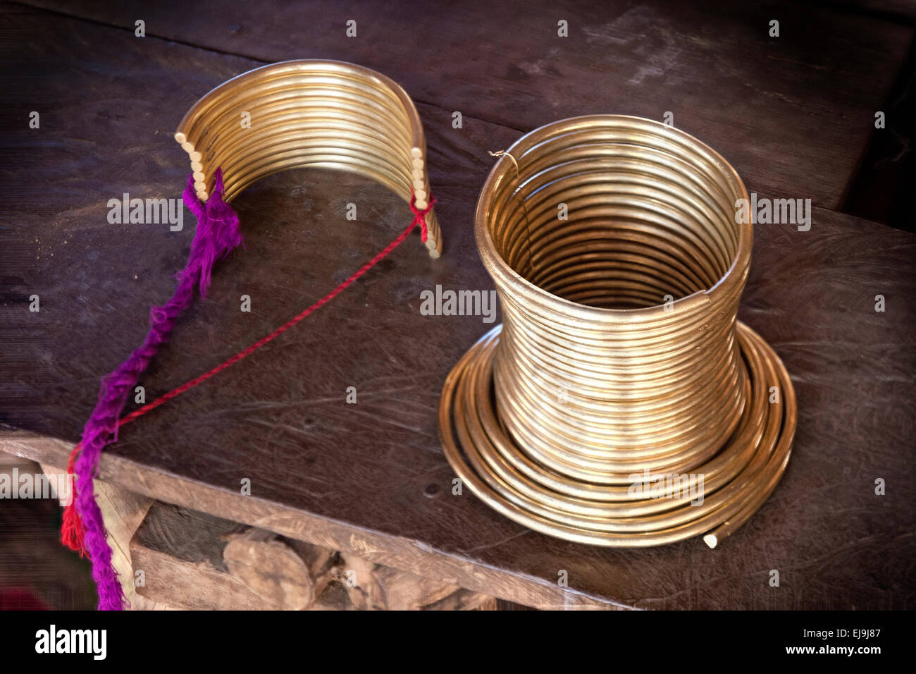 Brass neck rings as worn by the Kayan hill tribe, Myanmar, Burma. Stock Photo