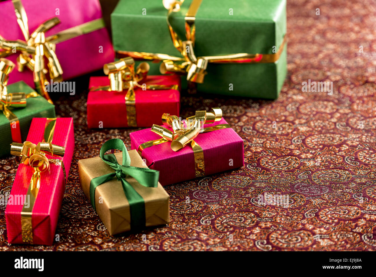 Seven Small Gifts on a Festive Blanket Stock Photo