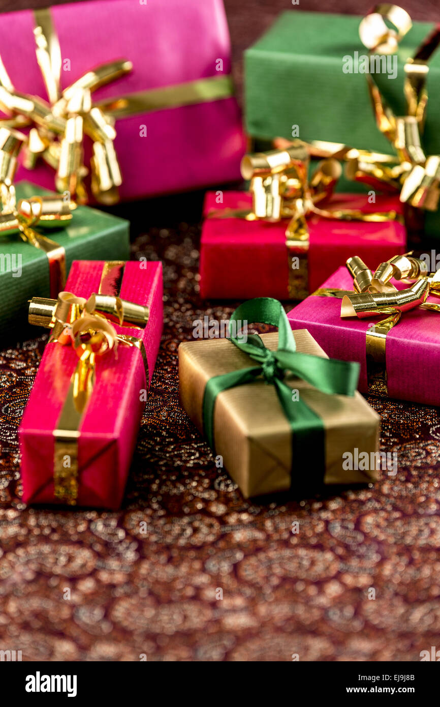 Seven Little Presents with Bows Stock Photo
