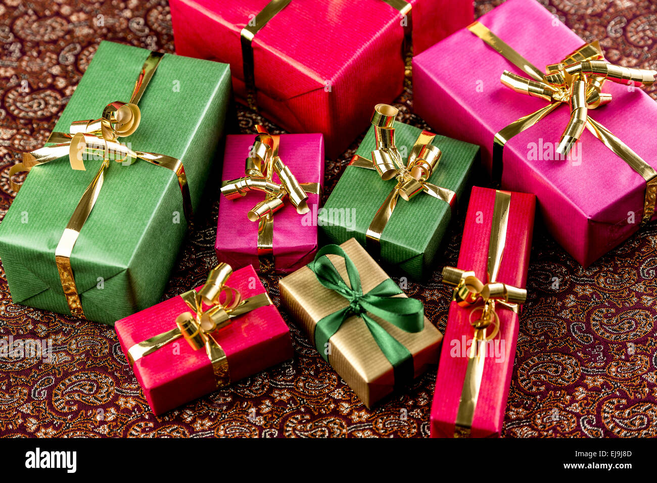 Gifts Wrapped in Vibrant Colors Stock Photo