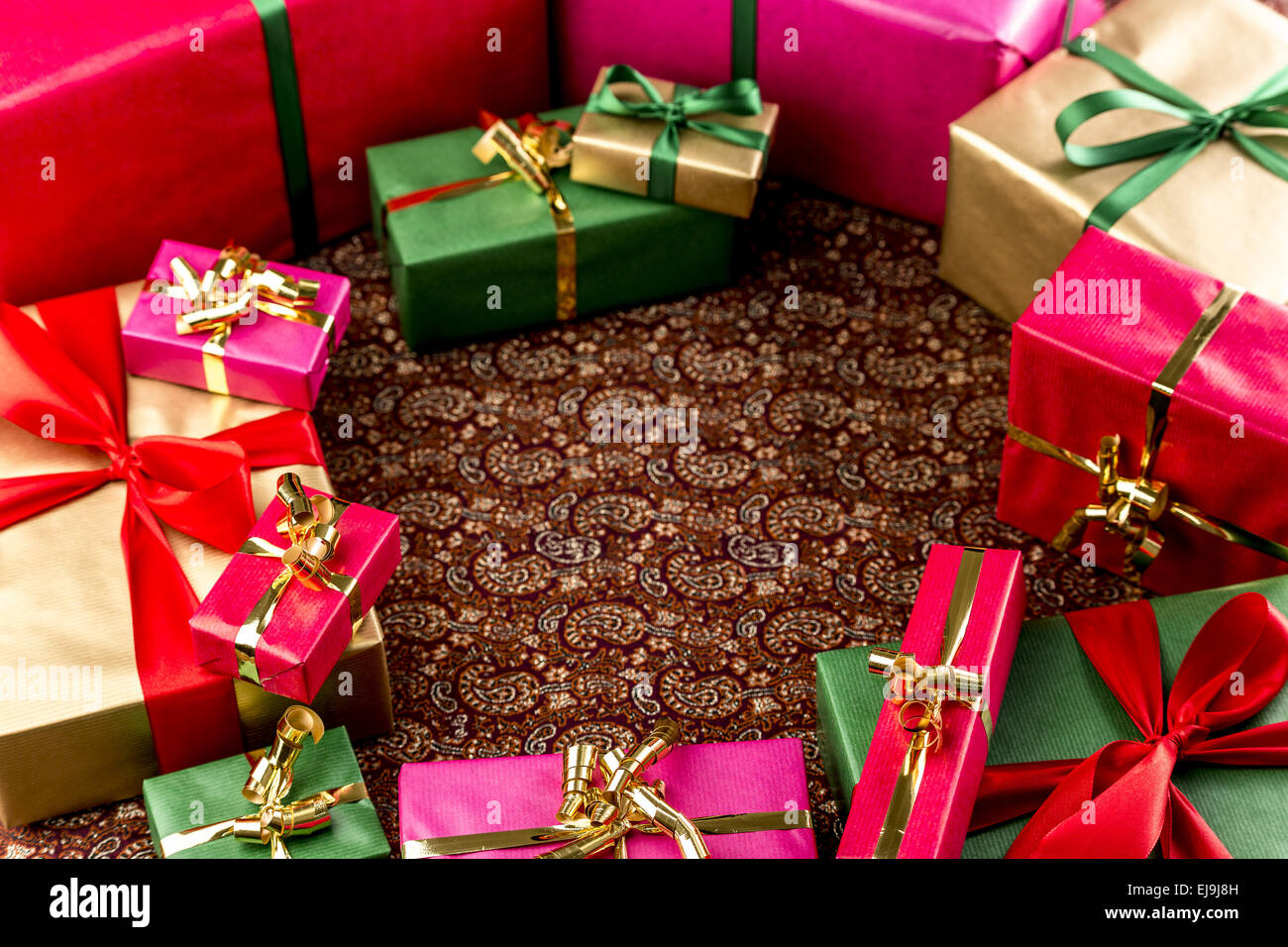 Circular Arrangement of Wrapped Gifts Stock Photo