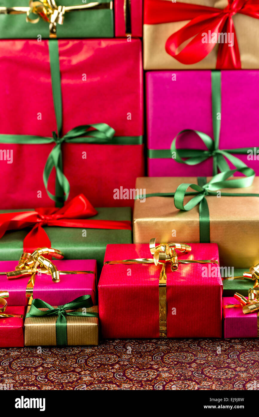 Towering Stack of Gifts Stock Photo