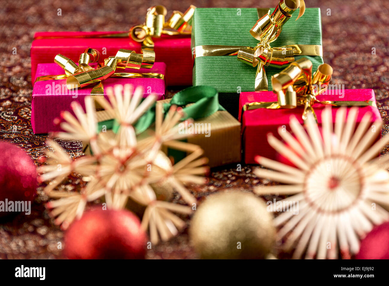 Five Xmas Gifts with Ornaments Stock Photo