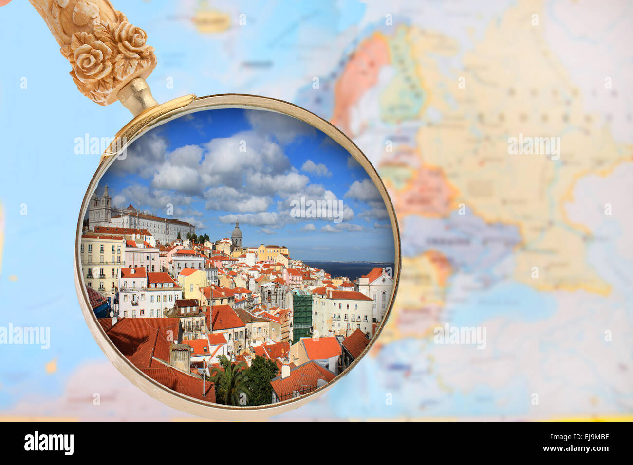 Looking in on Lisbon, Portugal with European map in the background Stock Photo