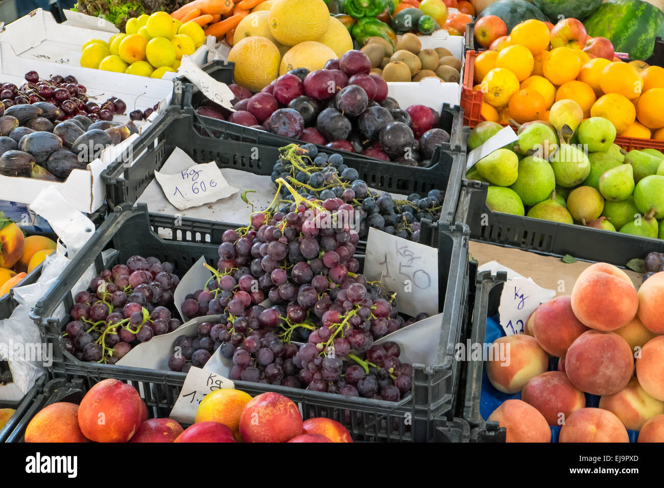 Many different fruits at a market Stock Photo