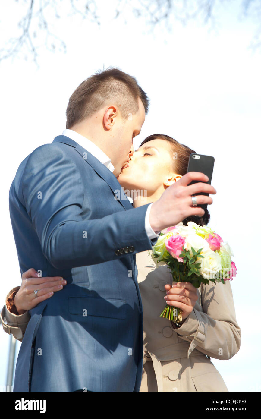 beautiful bride and groom make selfie Stock Photo
