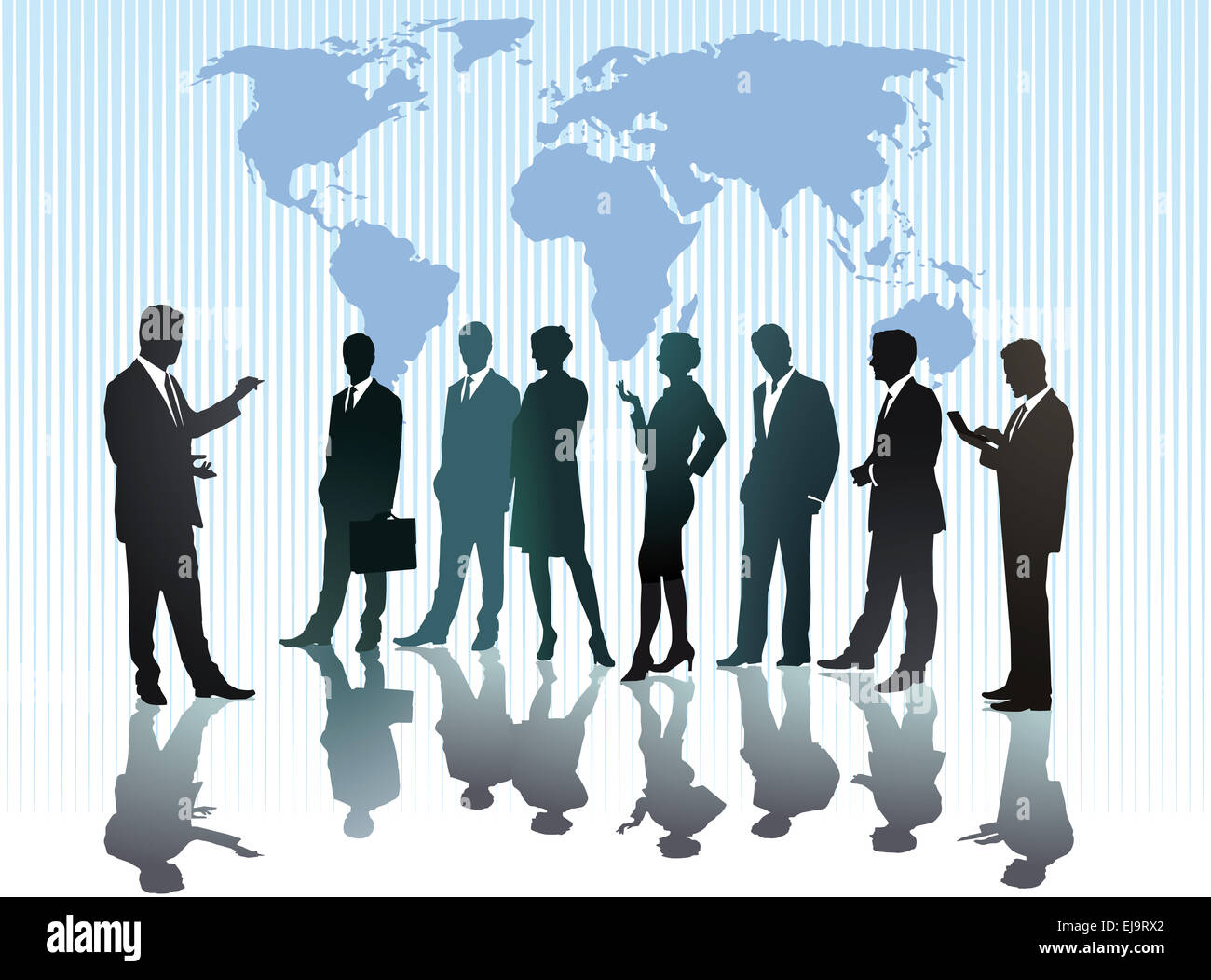 Businessmen in front of world map Stock Photo