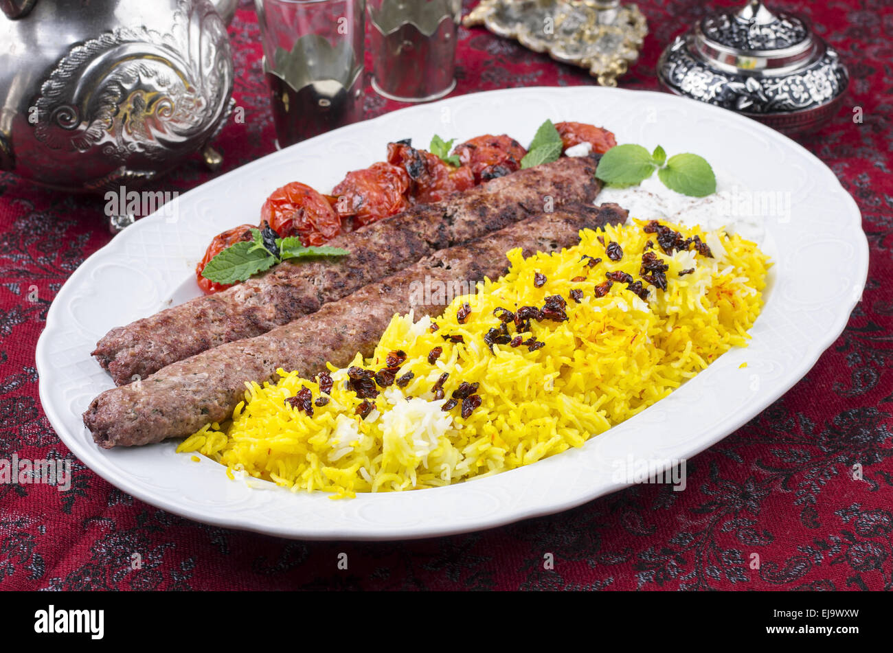 kebab kubideh with saffron rice Stock Photo