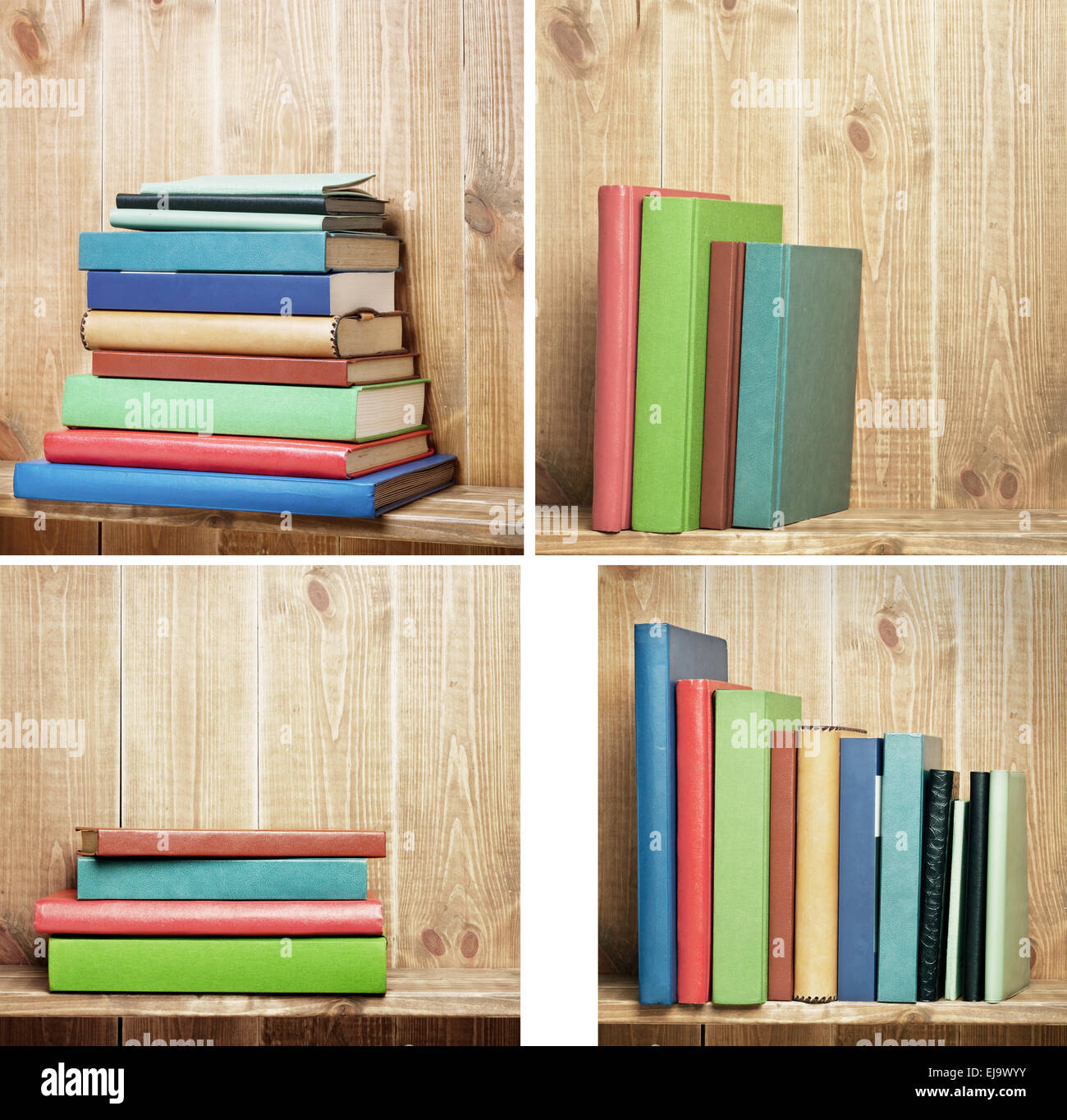 Set of books on brown bookshelf Stock Photo Alamy