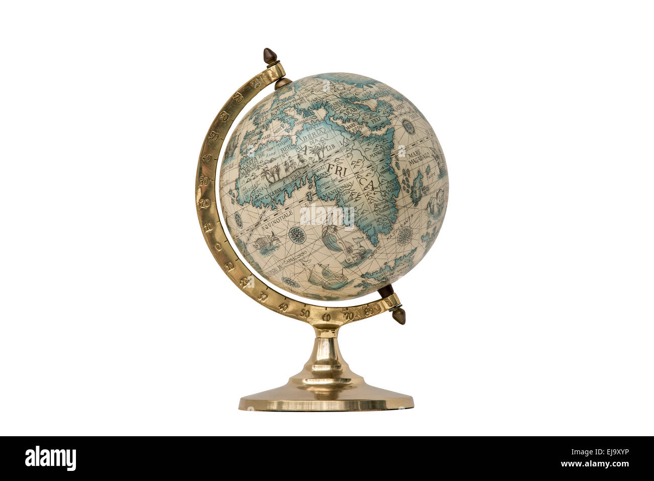 Antique world globe isolated on white background.  Studio close up.  Showing Africa and some of Middle East. Stock Photo