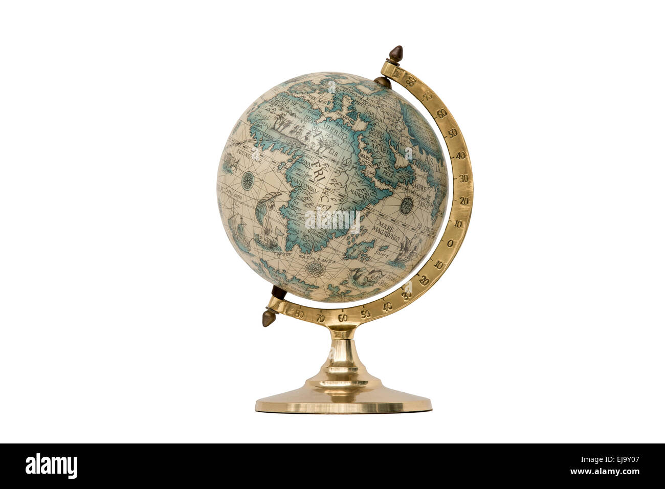 Antique world globe isolated on white background.  Studio close-up.  Showing Africa and some of Middle East. Stock Photo