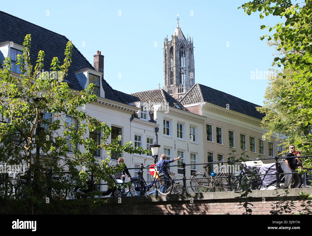 Nieuwegracht canal in the  medieval inner city of  Utrecht, The Netherlands. Domkerk Tower in background Stock Photo