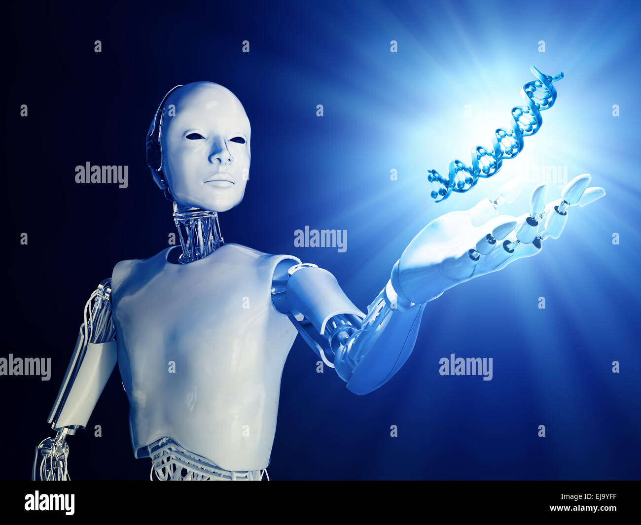 A futuristic android extending a hand with a DNA strand Stock Photo