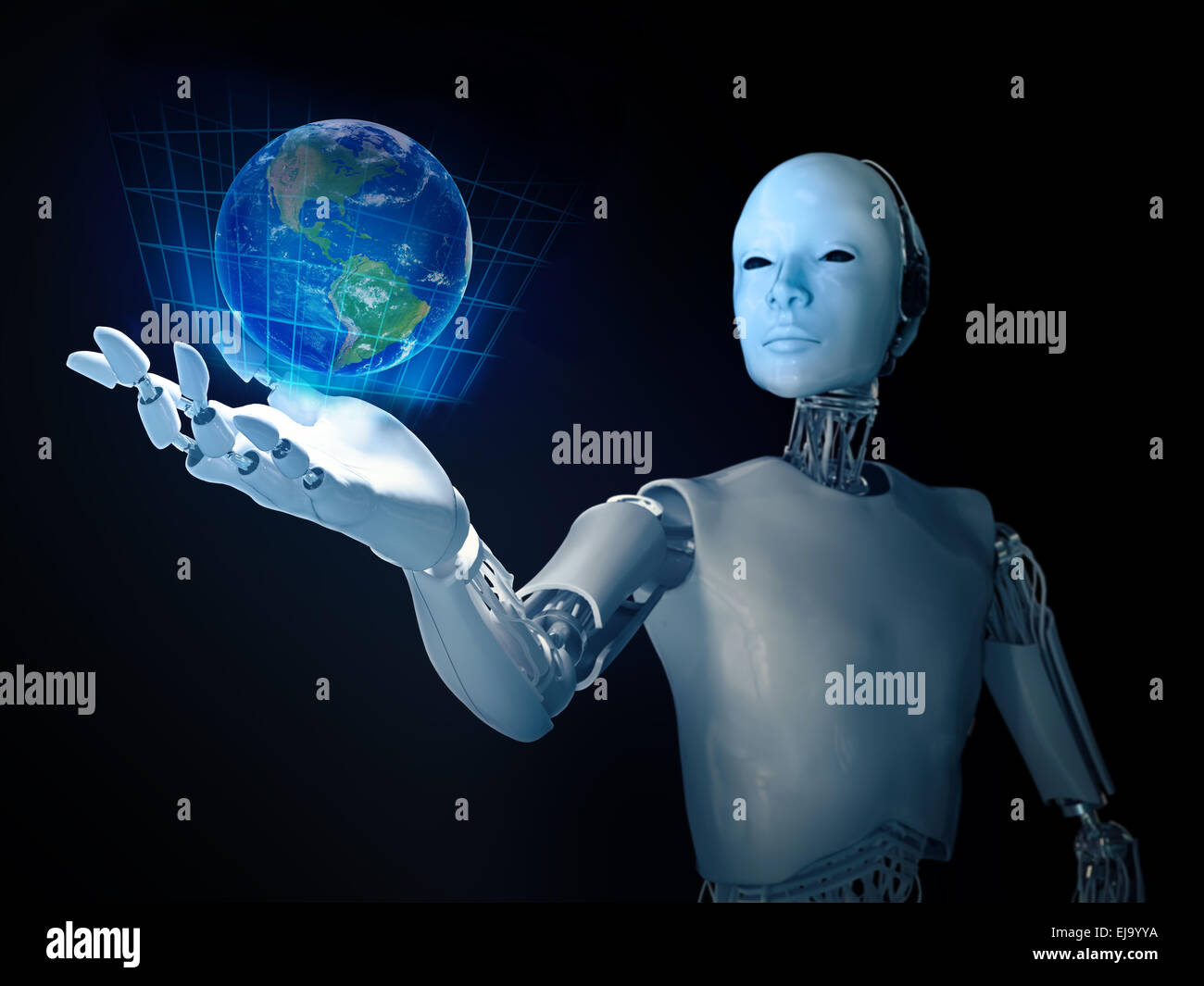 Android holding a holographic Earth Stock Photo - Alamy