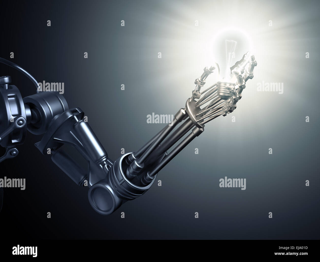 A futuristic android holding a lightbulb Stock Photo