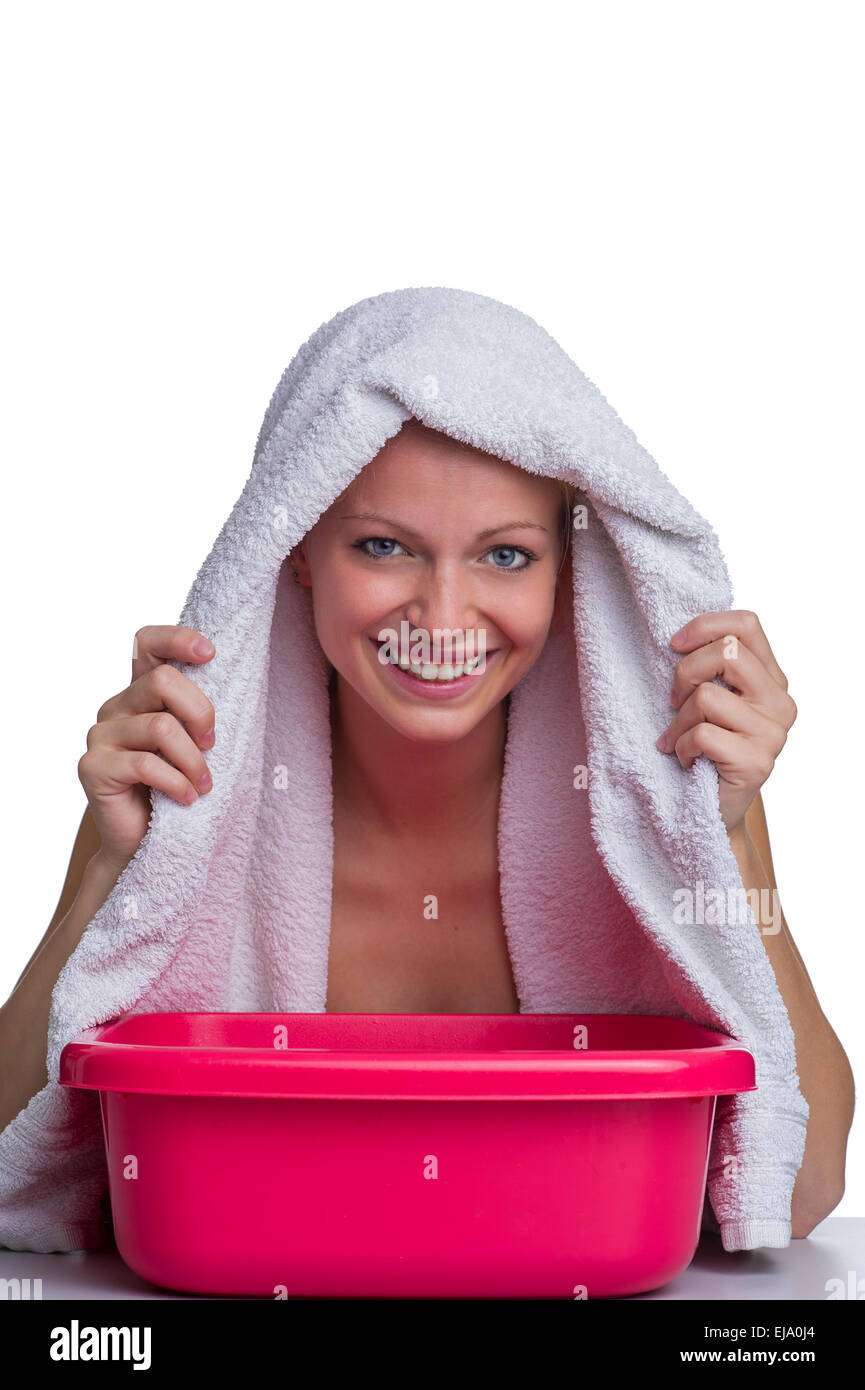 Blonde inhaled over a water bath Stock Photo Alamy