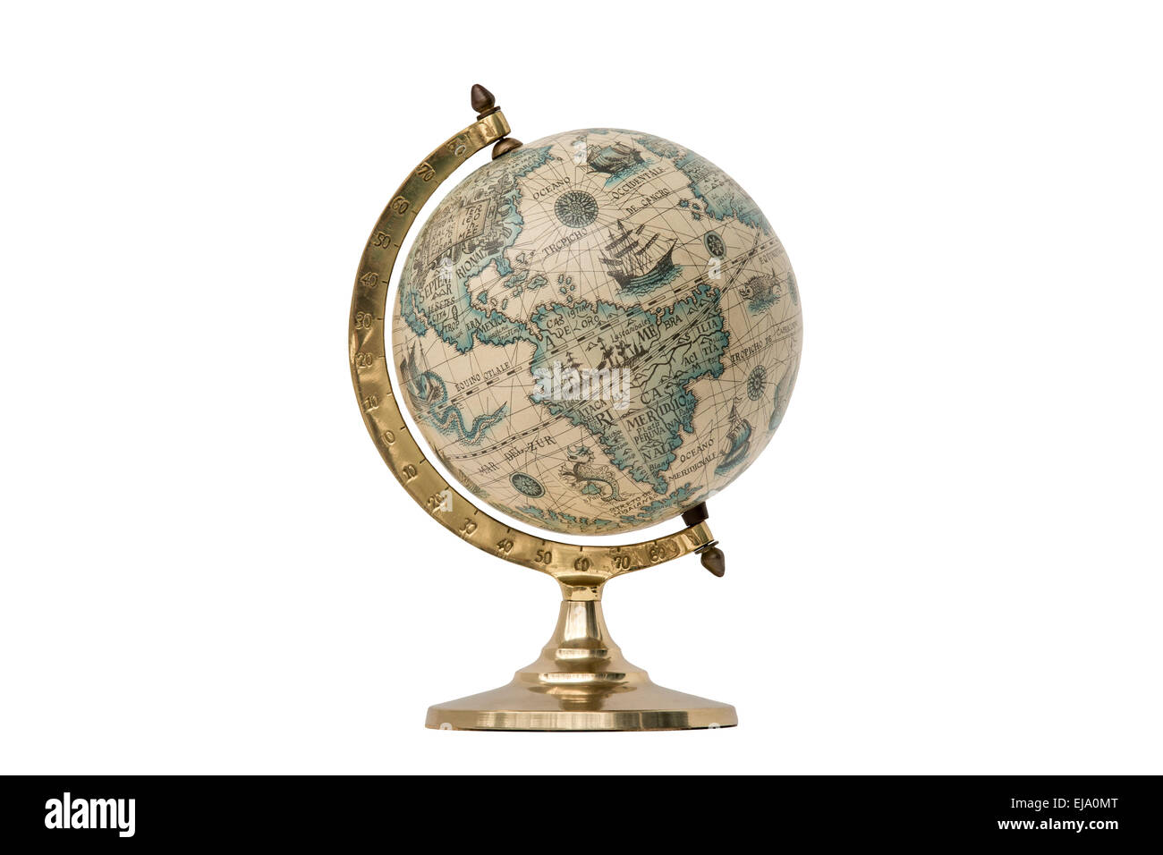 Antique world globe isolated on white background.  Studio close up.  Showing North America and South America. Stock Photo