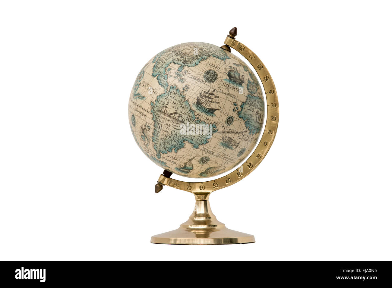 Antique world globe isolated on white background.  Studio close-up.  Showing North America and South America. Stock Photo