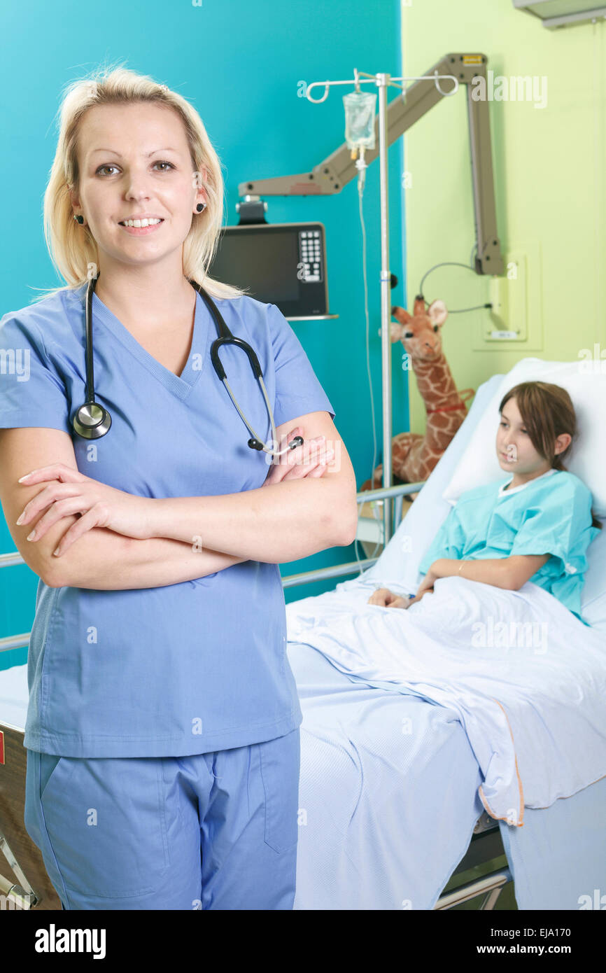 Little girl in hospital bed with the nurse Stock Photo Alamy