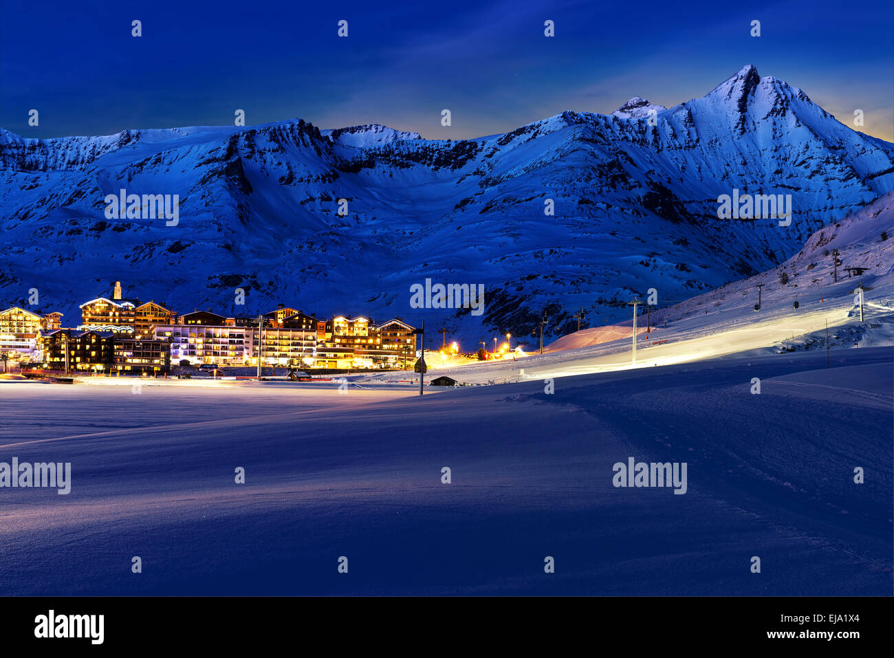 Evening landscape and ski resort in French Alps,Tignes, Tarentaise, France Stock Photo