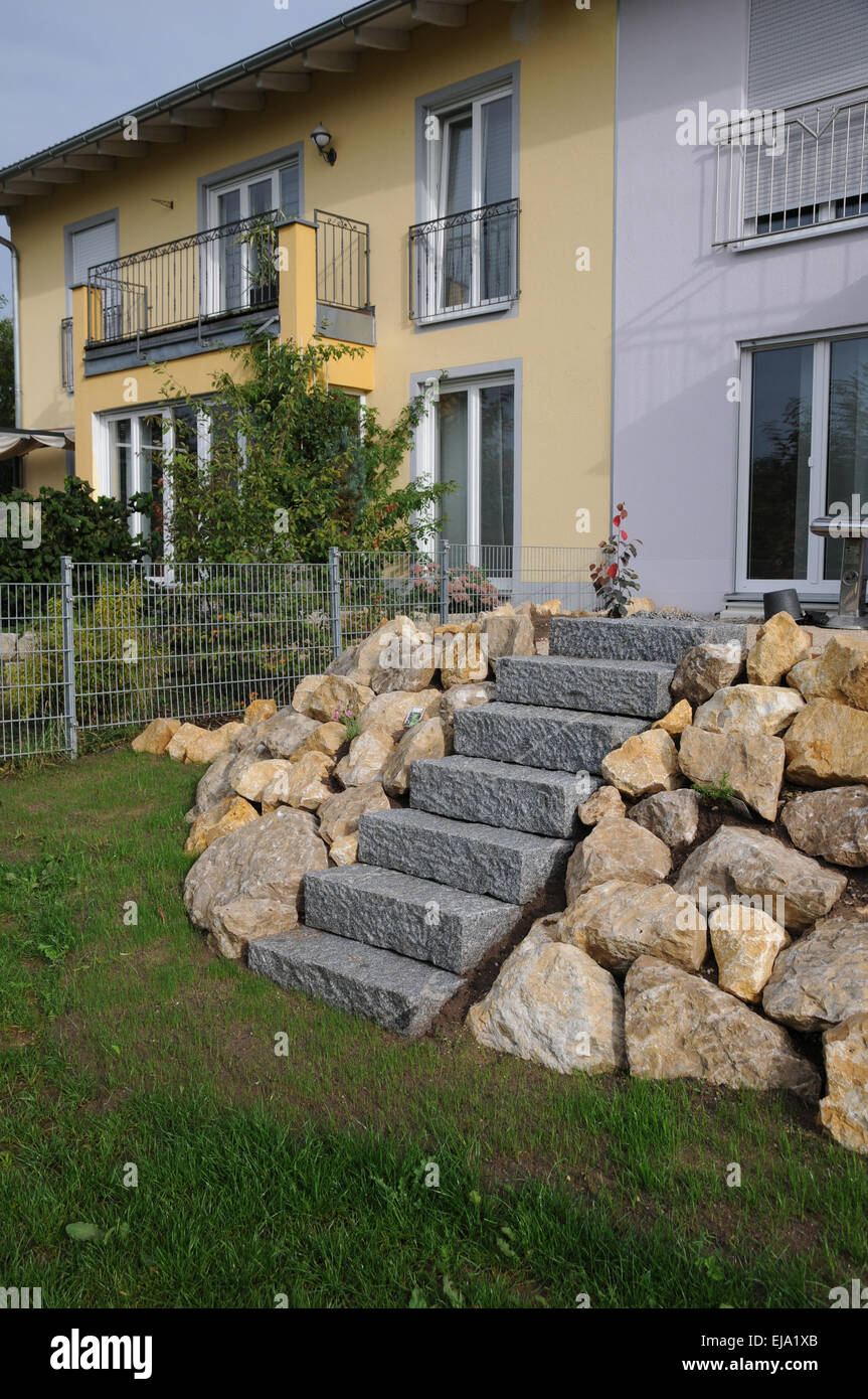 Garden-stairway made of granite Stock Photo