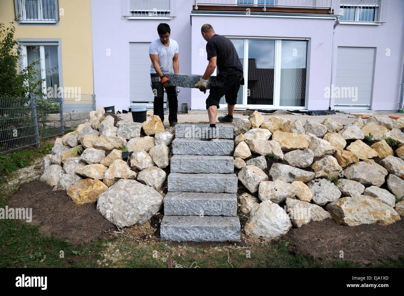 Building a garden stairway Stock Photo